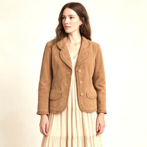 Vintage Suede Leather Blazer Jacket Tan Brown Boho Ruffle Trim Alice Blue S